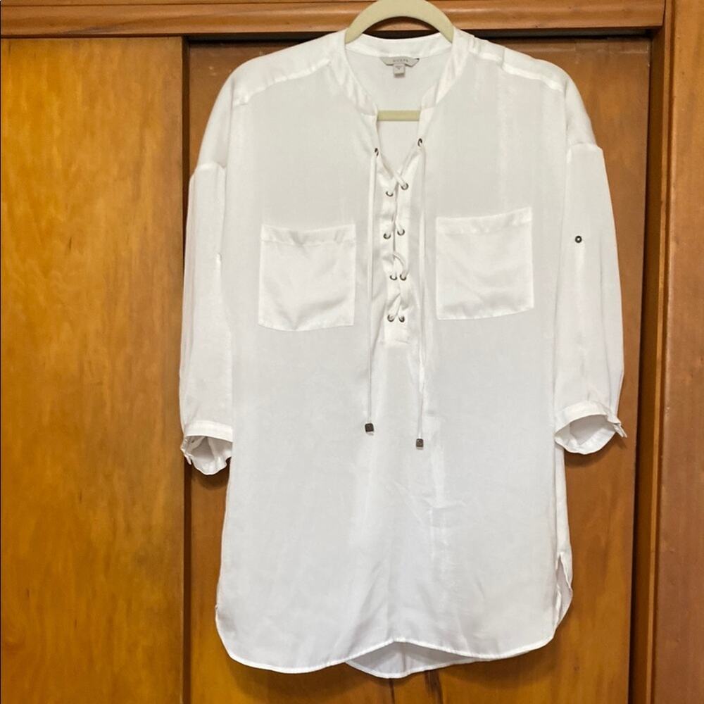 White Lace-Up Blouse 3/4 Sleeves Neutral Summer Boho Casual Lightweight Rayon